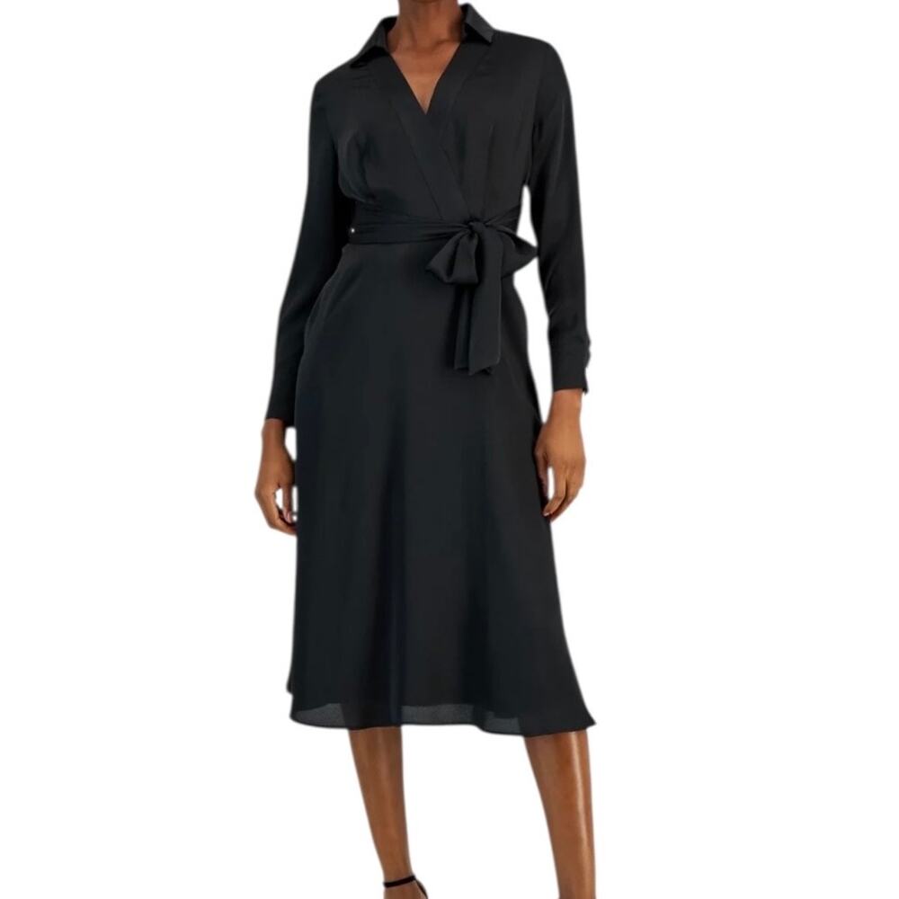 Tahari ASL Women’s Collared Faux Wrap Waist Tie Midi Dress Black Size 10